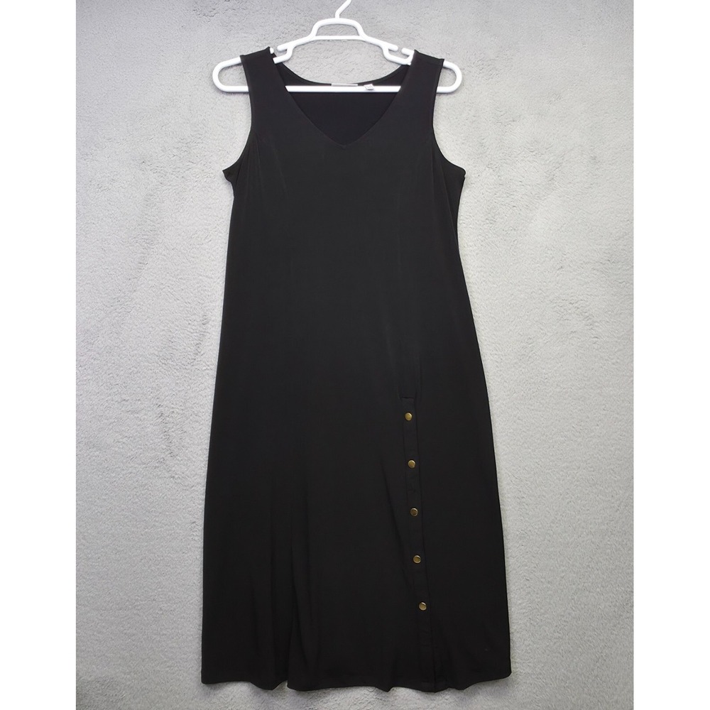 Susan Graver Dress Womens Petite PL Black V Neck Snap Detail Oversized Shift‎